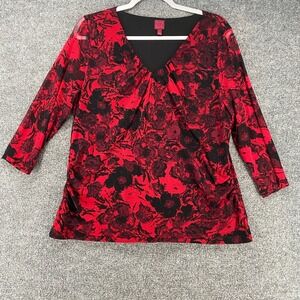 212 Collection Blouse Top Womens‎ L Black Red Floral V-Neck Whimsigoth 90s Y2K
